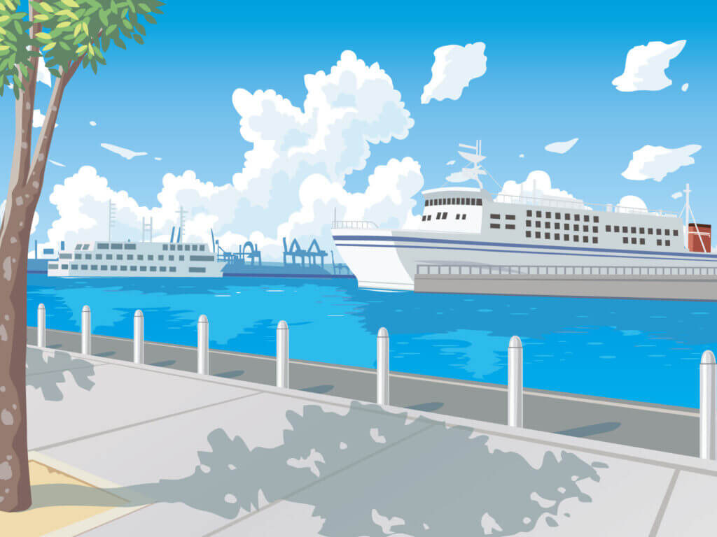 T.Hさんが描いたフェリーが見える港の風景