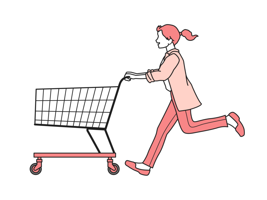 女性がショッピングカートを押して急いでいる様子のイラスト