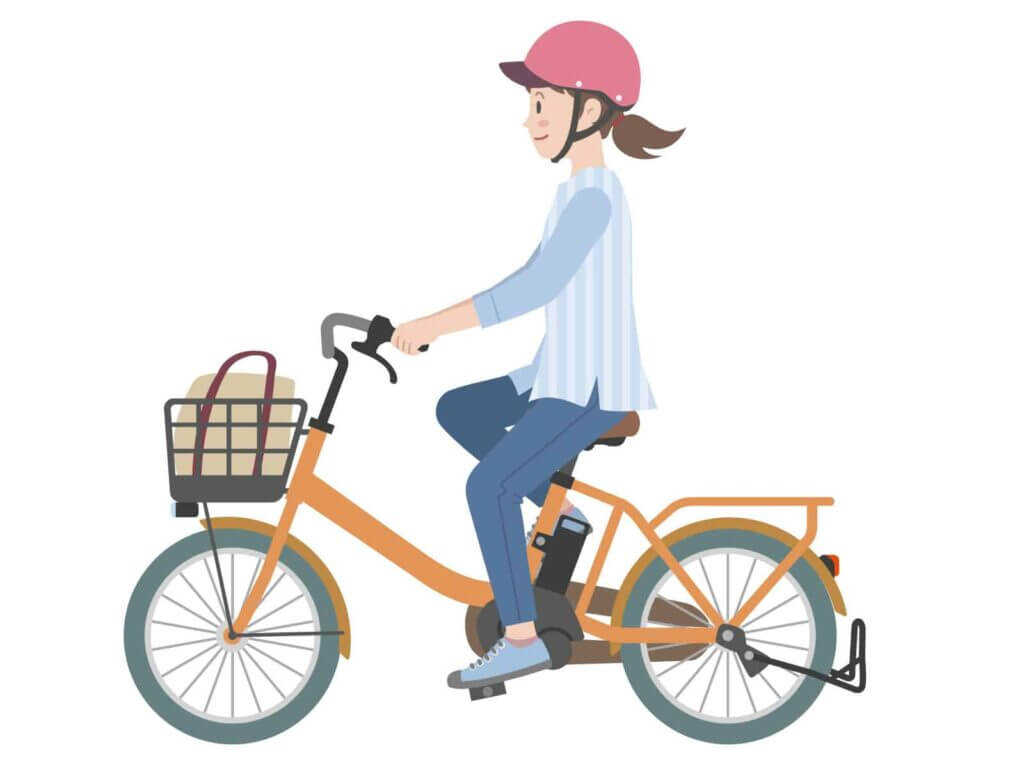 赤いヘルメットをかぶった女性が自転車に乗っているイラスト