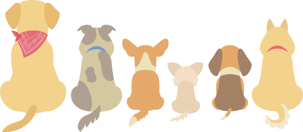 ６匹の犬の後ろ姿のイラスト