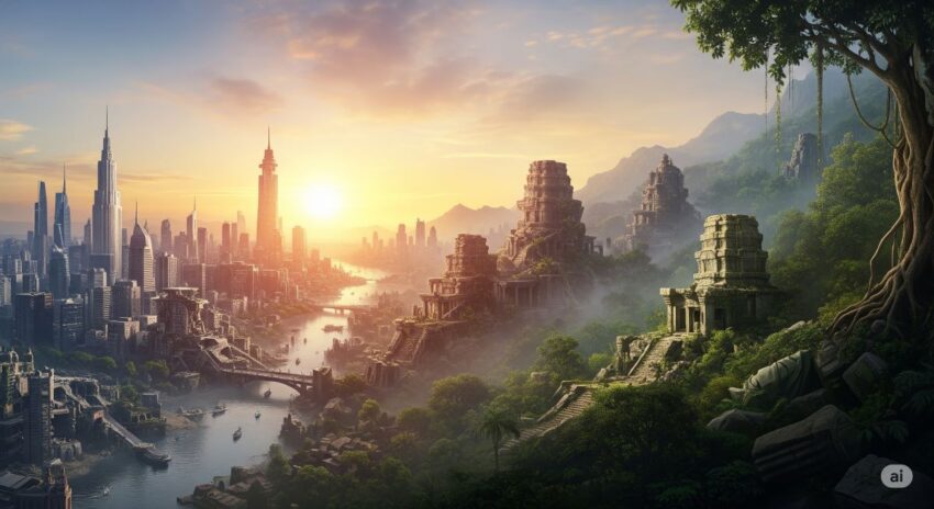 文明の進化を表す風景画像 - 現代都市から廃墟、そして自然に還る未来への変遷
