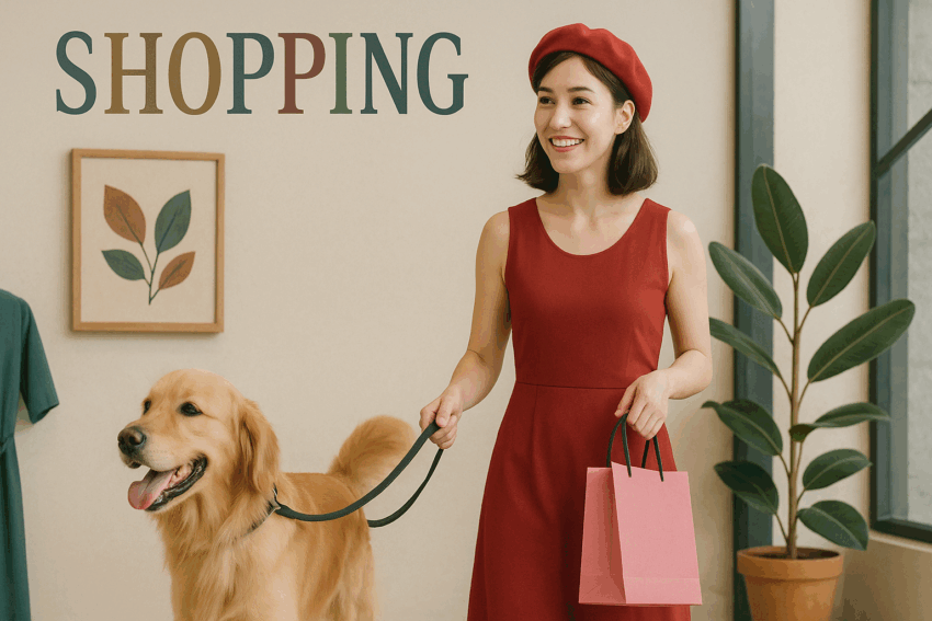 赤いワンピースとベレー帽を身に着けた女性が、ショッピングバッグを手にしながら笑顔で犬とともに店内を歩いている。犬はゴールデンレトリバーで、リードをつけて女性の隣を楽しそうに歩いている。背景には観葉植物、額縁の植物アート、緑のワンピースが飾られており、壁には「SHOPPING」のカラフルな文字が見える。温かみのある照明とナチュラルな内装が特徴の店内シーン。