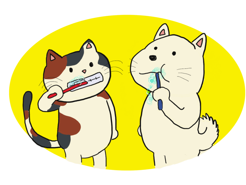 犬とねこが歯を磨いているイラスト