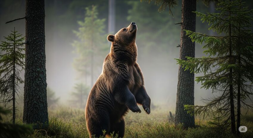 ヒグマが後ろ足で立ち上がって鼻を上げて匂いを嗅いでいる森の中の様子