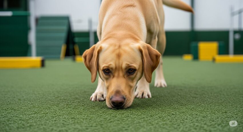 地面の匂いを追跡している探知犬として働くラブラドール犬