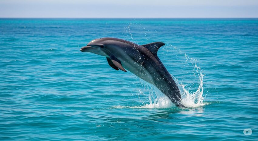 透明な海水から跳躍している知的で遊び心のあるイルカ