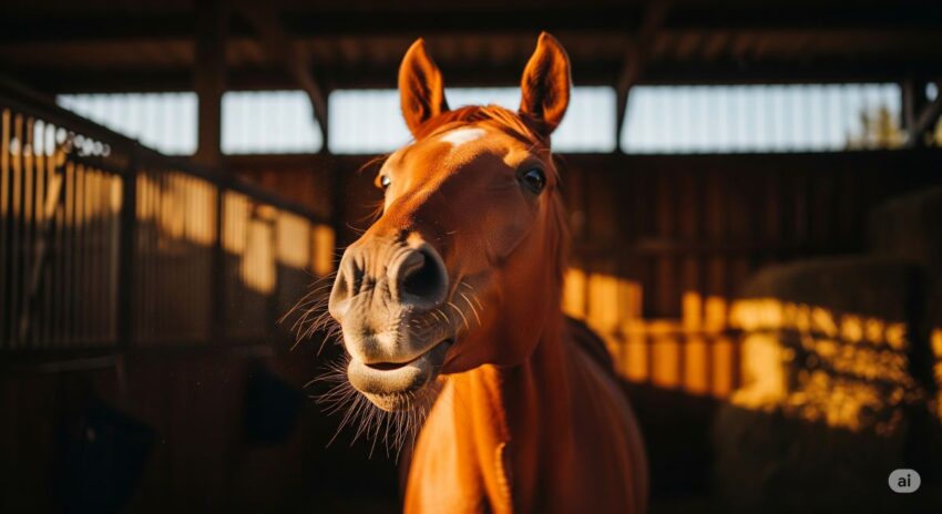鼻を膨らませて空気の匂いを嗅いでいる美しい馬の顔のクローズアップ