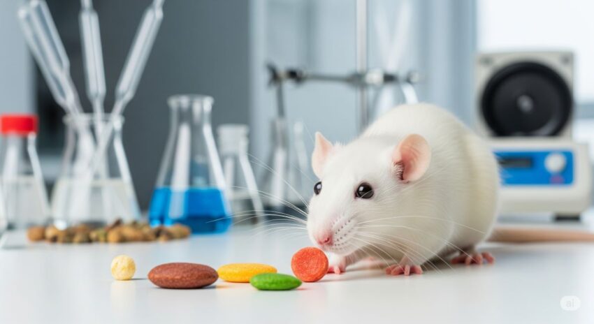 実験室で食べ物のサンプルに鼻を近づけて匂いを嗅いでいるラット