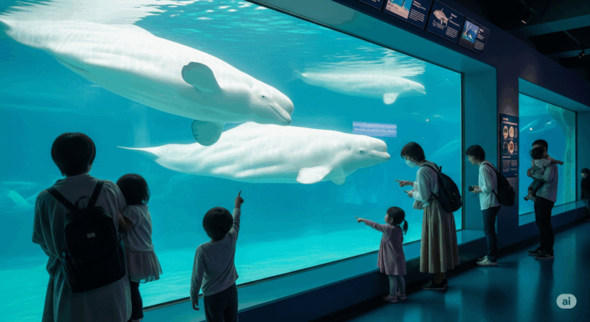 水族館でベルーガを観察し海洋哺乳類の保護について学ぶ家族連れの様子