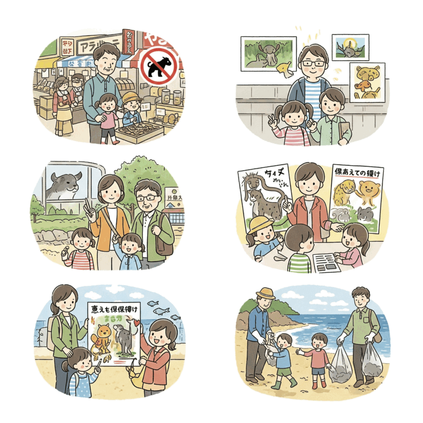 規制品を購入しない、動物園での学習、環境保護活動など、私たち一人ひとりができる野生動物保護への貢献