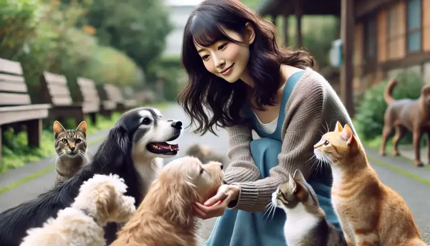 明るい自然の中で、40代の日本人女性が犬と猫に優しく触れ合っている写真風の画像。女性は黒髪で長めの少しウェーブがかかった髪型をしており、現代的な服装をしている。動物愛護と共生の精神を象徴する心温まるシーン