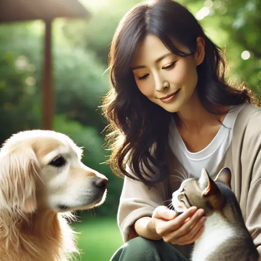 日本の40代の女性が長い黒髪をなびかせながら、現代風の服装でたくさんの犬や猫たちと穏やかな屋外で優しく触れ合っている様子。動物福祉や人と動物の共生の大切さを伝える感動的な実写風のイメージ。