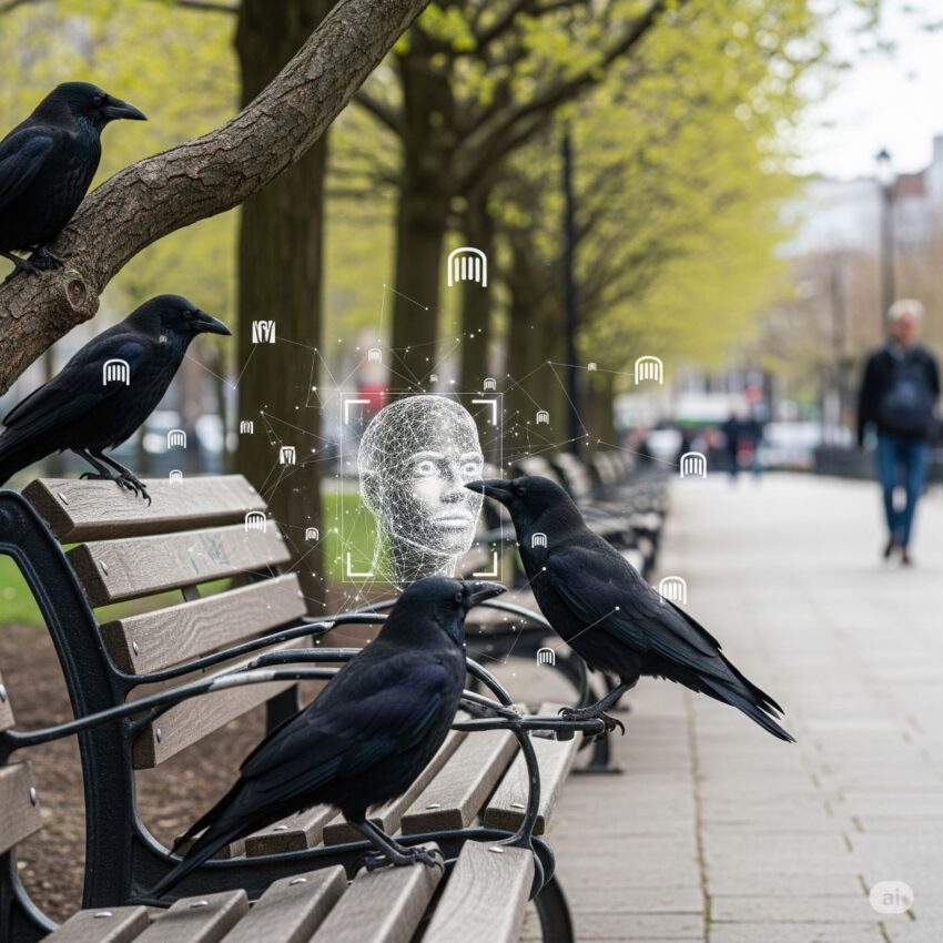 都市公園で人間の顔を認識し記憶するカラスの社会的知能を表現した概念図