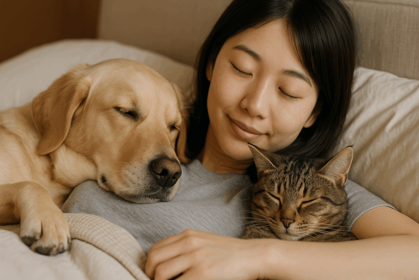 犬 Vs 猫 どっちが賢い?最新研究で判明した驚きの真実【2025年版】 日本人女性がベッドで犬と猫と一緒に目を閉じてリラックスしている姿。人間とペットの深い信頼関係と感情共有を伝える構図。