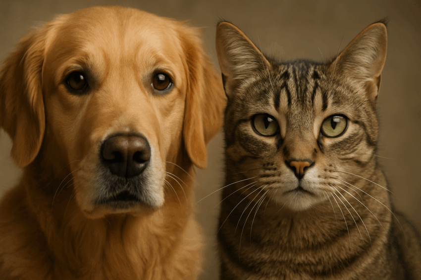 ゴールデンレトリバーとキジトラ猫が並んで正面を見つめる実写風写真。互いに落ち着いた表情で、知性と個性の違いを印象づける構図。