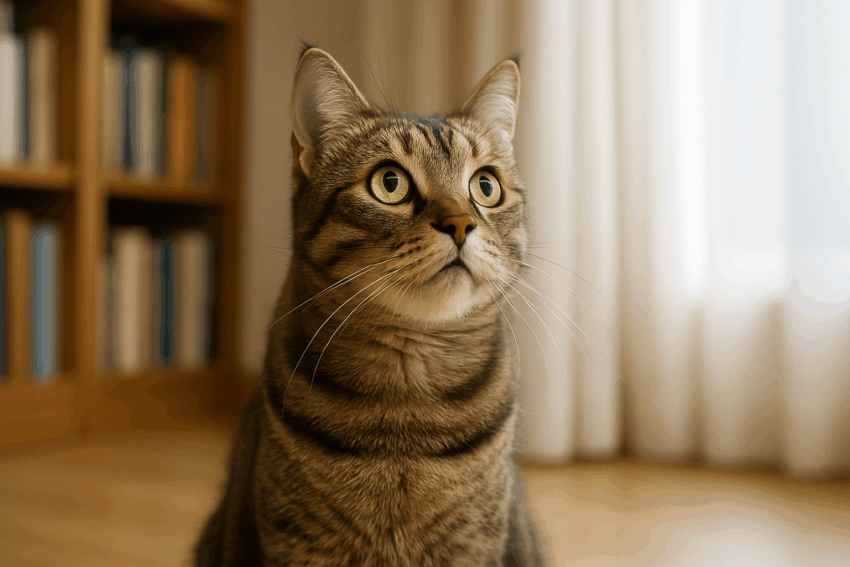 犬 Vs 猫 どっちが賢い?最新研究で判明した驚きの真実【2025年版】 カーテン越しの光の中で何かをじっと見つめるキジトラ猫。猫特有の洞察力や選択的記憶の特性を想起させる構図。