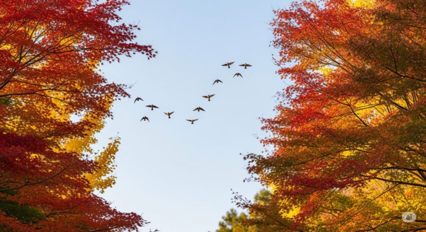 秋の渡り鳥エゾビタキとジョウビタキが紅葉した森で休息している風景