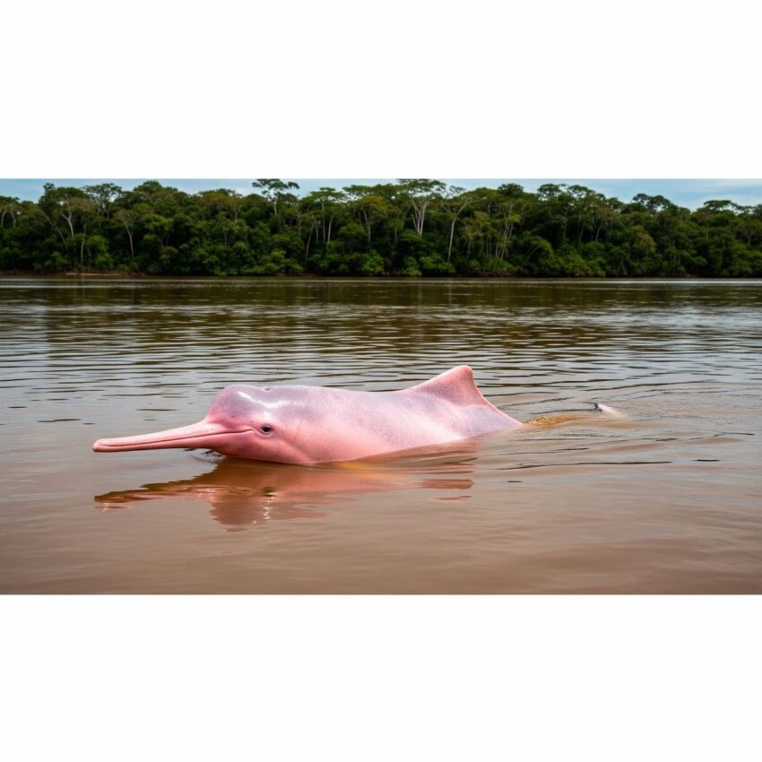 アマゾン川を泳ぐピンク色のアマゾンカワイルカの生態写真