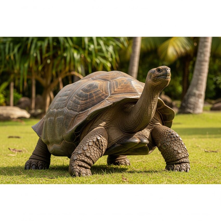 150年以上生きることで知られるアルダブラゾウガメ。セーシェル諸島の自然環境で威厳ある姿を見せる世界最大級のリクガメ