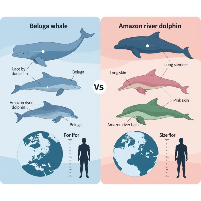 ベルーガとアマゾンカワイルカの科学的比較インフォグラフィック