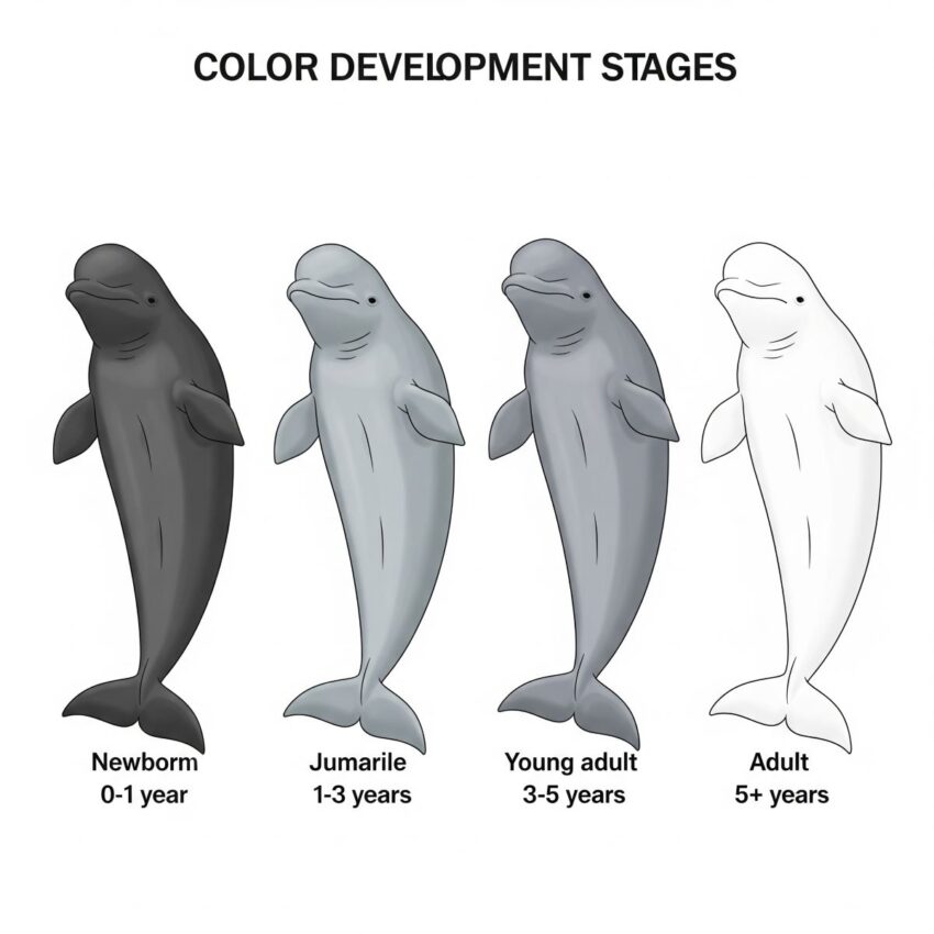 ベルーガの成長に伴う体色変化を示した教育的イラスト