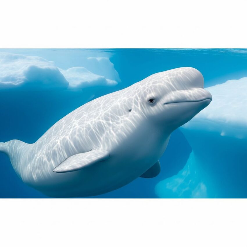 北極圏の海を泳ぐ白いベルーガの生態写真