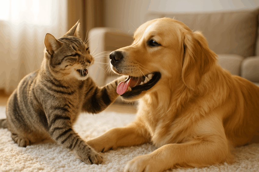 犬 Vs 猫 どっちが賢い?最新研究で判明した驚きの真実【2025年版】 リビングのラグの上でじゃれ合うキジトラ猫とゴールデンレトリバー。楽しげな表情で互いに手を伸ばし合う仲睦まじい様子。