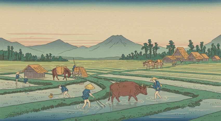 江戸時代の農業で働く牛と馬を描いた浮世絵風イラスト。田起こしや運搬作業の様子