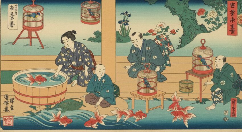 江戸時代の金魚と鳥の飼育文化を描いた浮世絵風イラスト。観賞魚と愛鳥の楽しみを表現