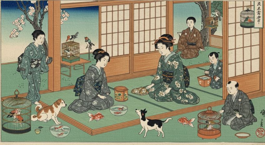 江戸時代の家族がペットと過ごす情景を描いた浮世絵風イラスト。犬、猫、金魚、鳥と暮らす温かな家庭の様子