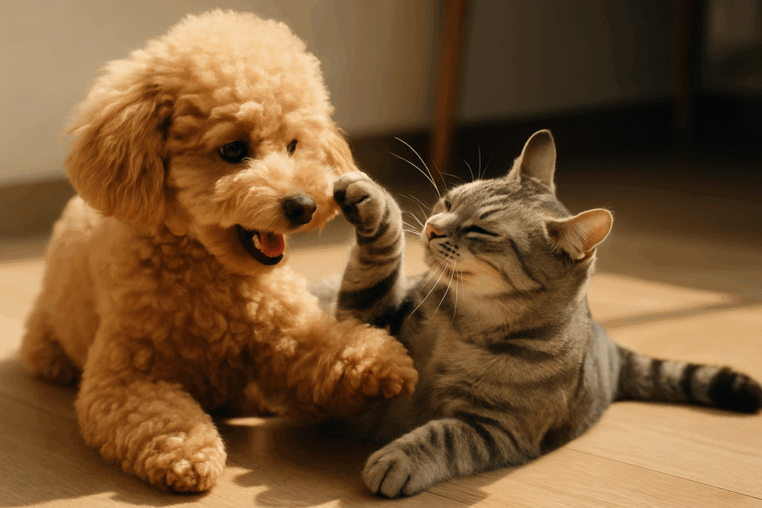 犬 Vs 猫 どっちが賢い?最新研究で判明した驚きの真実【2025年版】 明るい木の床の上で、トイプードルとグレーのキジトラ猫が向かい合い、互いに前足を伸ばしてじゃれ合う実写風の一枚。