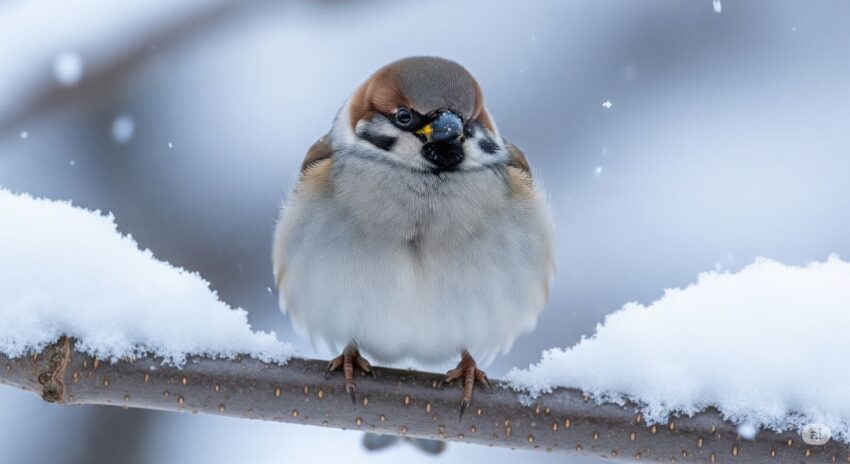 冬のふくら雀の写真:防寒のため羽毛をふくらませてまん丸になったかわいいすずめ