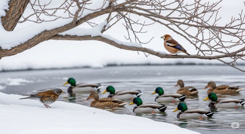 冬鳥のツグミとシメが雪景色の中で餌を探している様子
