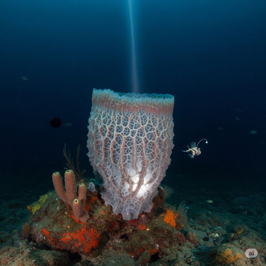 数千年の寿命を持つ深海生物ガラス海綿。透明感のある白い筒状の体が深海の暗い海底で神秘的に光る様子を表現した画像