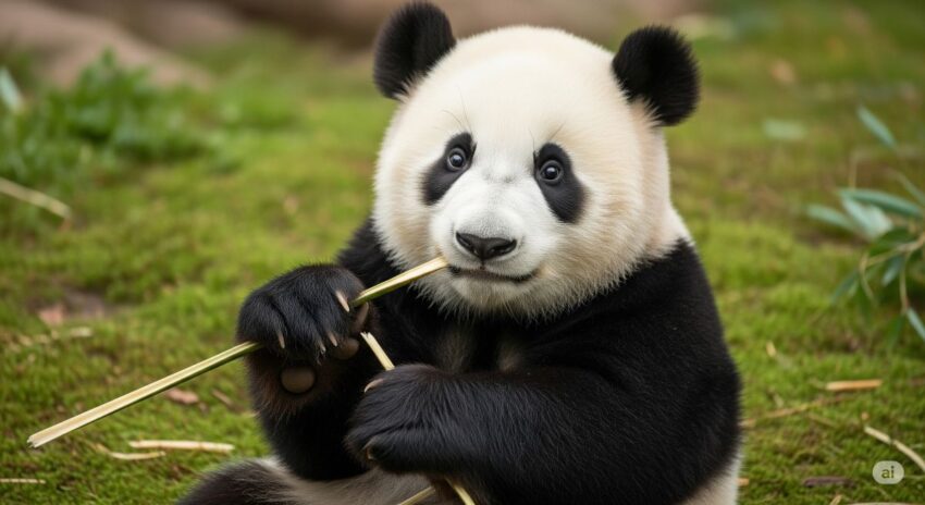 可愛いジャイアントパンダの赤ちゃんが竹を食べている写真