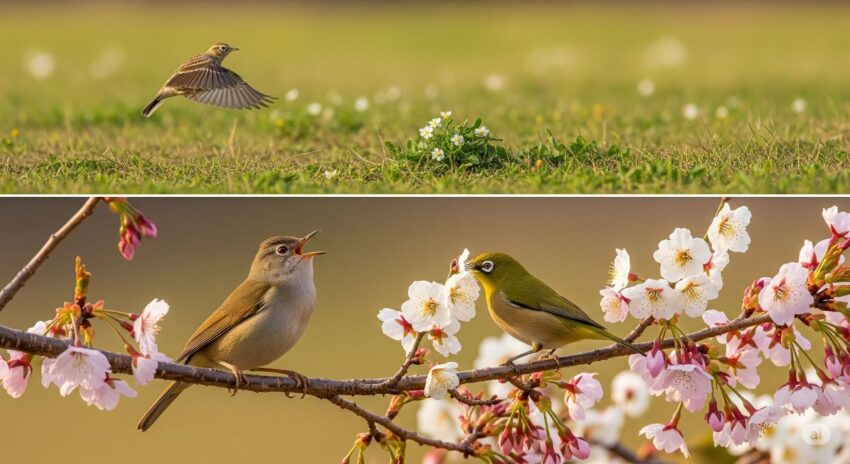 春の代表的な野鳥ウグイスとメジロが桜と梅の花で鳴いている様子