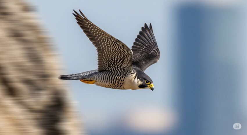 ハヤブサ(Peregrine Falcon)が流線型の体で急降下している写真。世界最速の鳥として知られる猛禽類。
