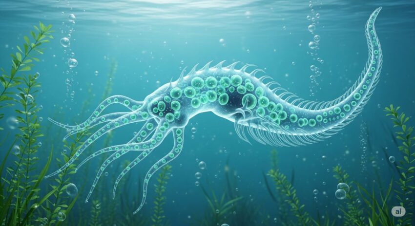 理論上不老不死とされる淡水生物ヒドラの概念図。透明な体と複数の触手を持ち、再生能力の高さを光る細胞で表現したイラスト