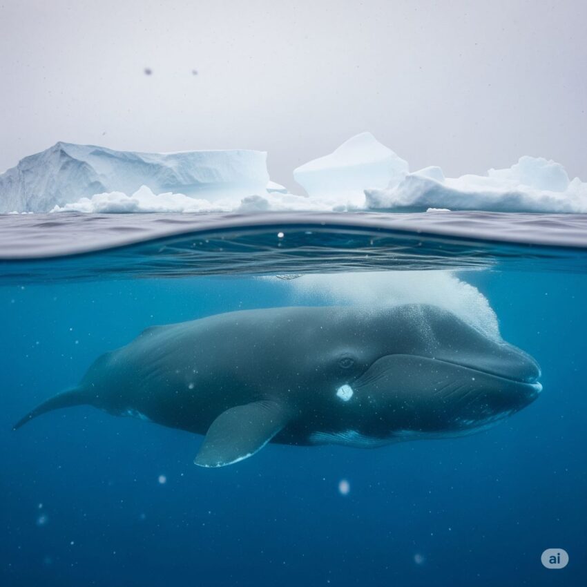 北極海に生息する現存哺乳類最長寿のホッキョククジラ。200年以上の寿命を持ち、氷に覆われた厳しい環境で雄大に泳ぐ姿