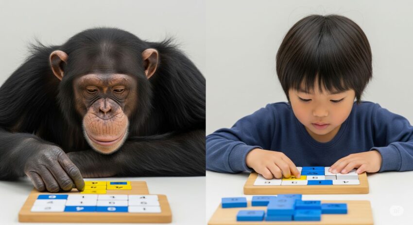 人間の4歳児とチンパンジーが同様の認知テストに取り組む比較画像