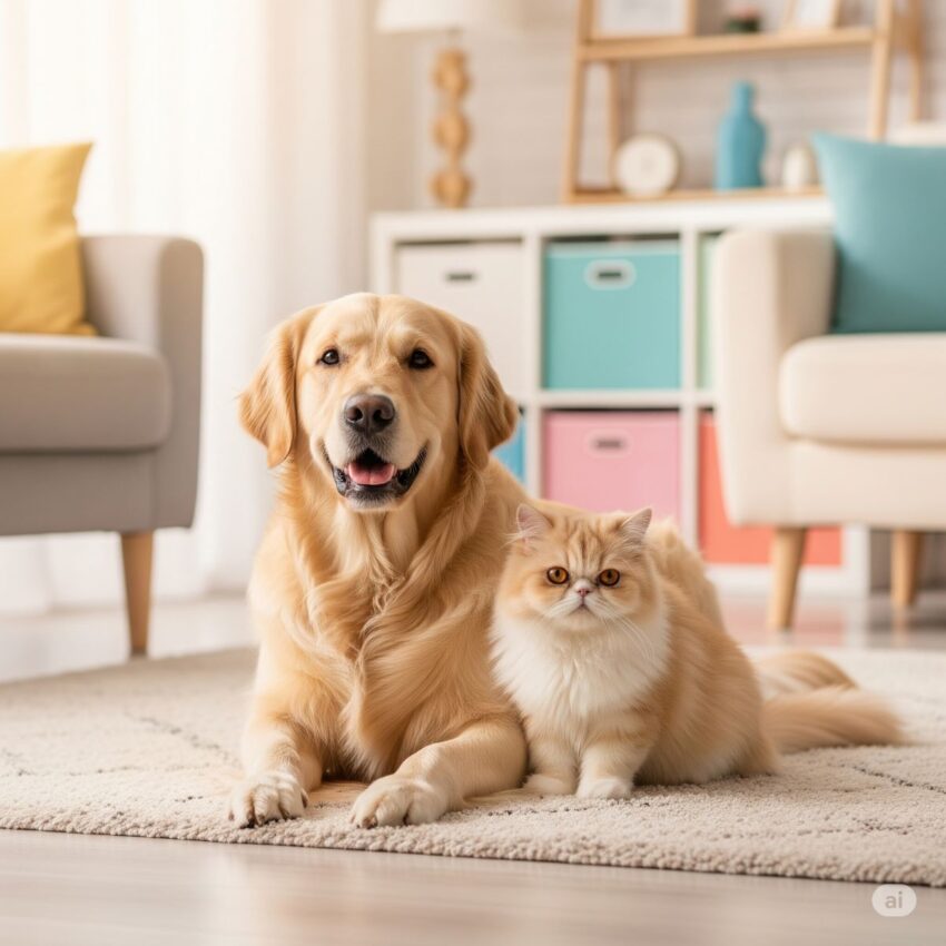 適切なケアにより健康で長生きする犬と猫。室内で仲良く過ごすペットたちの幸せそうな様子を表現した画像