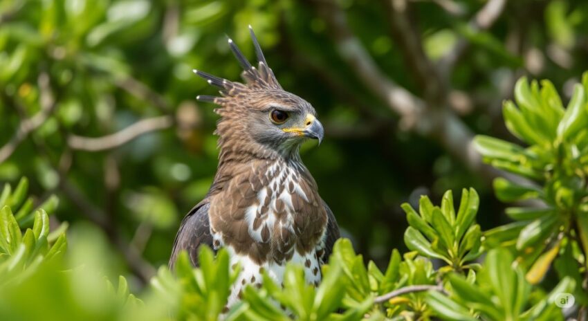 カンムリワシ(Crested Serpent Eagle)が沖縄の亜熱帯の森に止まっている写真。小型ながら「ワシ」と名付けられた希少種。