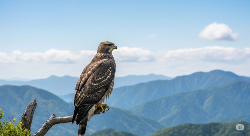 クマタカ(Mountain Hawk-Eagle)が山岳森林の高い木に止まっている写真。大型だが「タカ」と名付けられた森の王者。