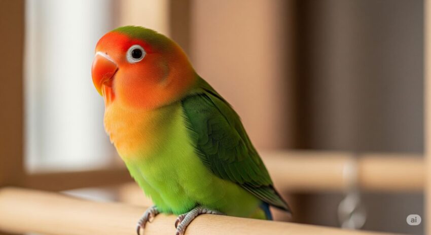 オレンジ色の顔と緑の体が美しいボタンインコの写真