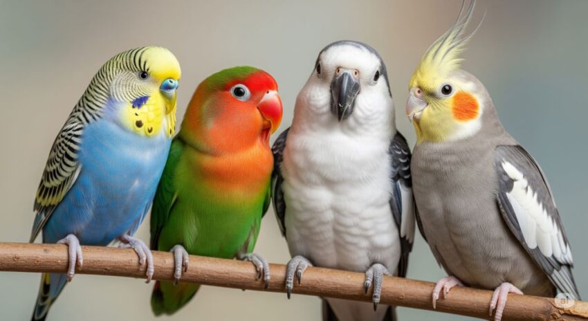 様々な種類のインコの集合写真 - セキセイインコ、ボタンインコ、シロハラインコ、オカメインコ