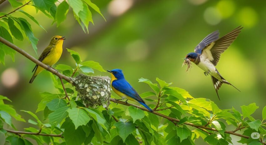 夏鳥の代表キビタキとオオルリが緑豊かな森で繁殖活動をしている様子