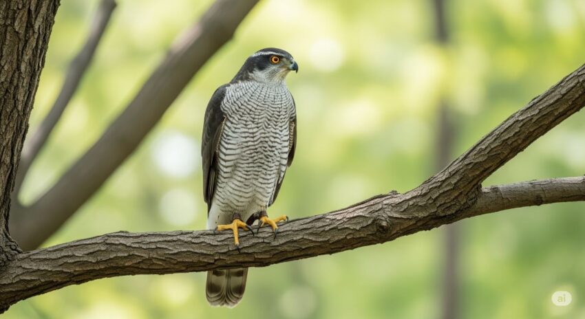 オオタカ(Northern Goshawk)が森の枝に止まっている写真。白い眉斑と横縞模様が特徴的な日本を代表する鷹。
