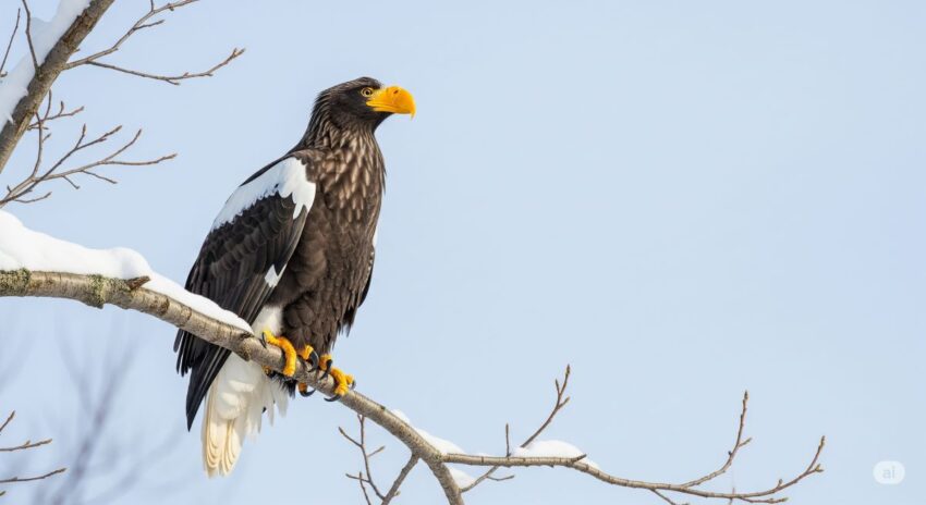 オオワシ(Steller's Sea Eagle)が雪の積もった枝に止まっている写真。黄色い大きな嘴と白い肩、尾羽が特徴的な日本最大の猛禽類。