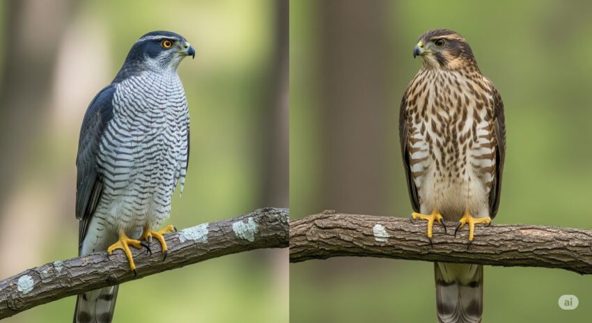 オオタカの成鳥(左)と幼鳥(右)の比較写真。成鳥は横縞模様、幼鳥は縦縞模様が特徴的。