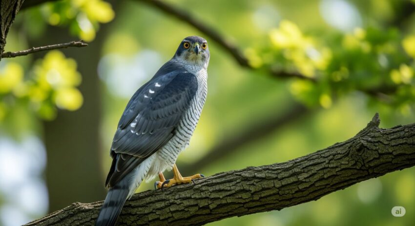 オオタカの成鳥が木の枝に止まっている写真。青みがかった灰色の背面と白い腹部の横縞、黄色い目が特徴的